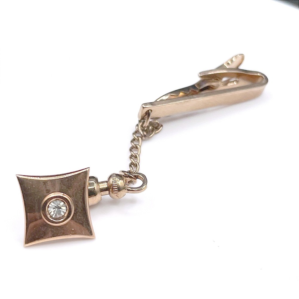 Vintage Gold Tone Dangling Fob Jockey Tie Clip‎ Pin Rhinestone Accent Tie Bar